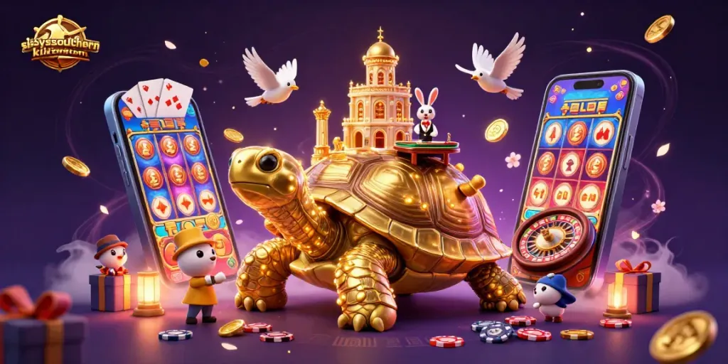 Sissy's Southern Kitchen showcases a lively casino scene with a golden tortoise and a rabbit dealer.