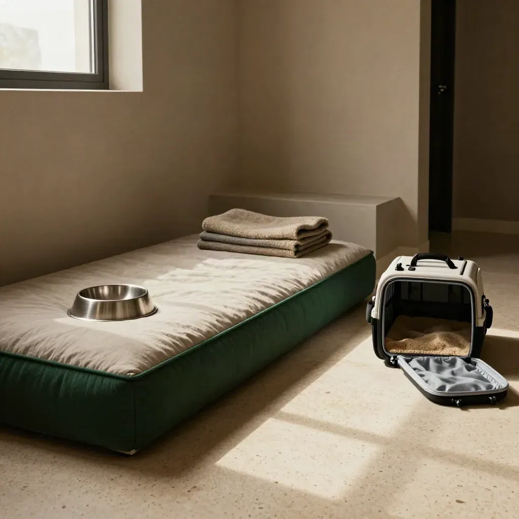 Suite de residencia para mascotas con cama lavable, cuenco, manta y transportín abierto.