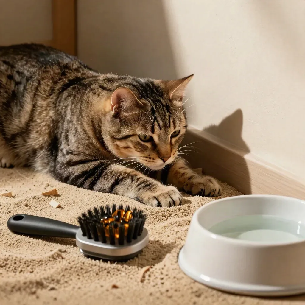 Gato atigrado estirándose junto a arena, cepillo, pala metálica y cuenco de agua.
