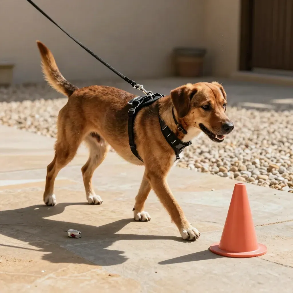 Perro mediano con arnés de adiestramiento cruzando una línea junto a un cono coral.