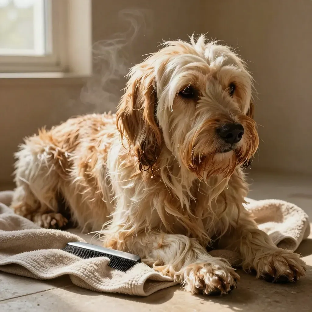 Perro de pelo largo recién bañado, con toalla, manta clara y peine metálico en un rincón cálido.
