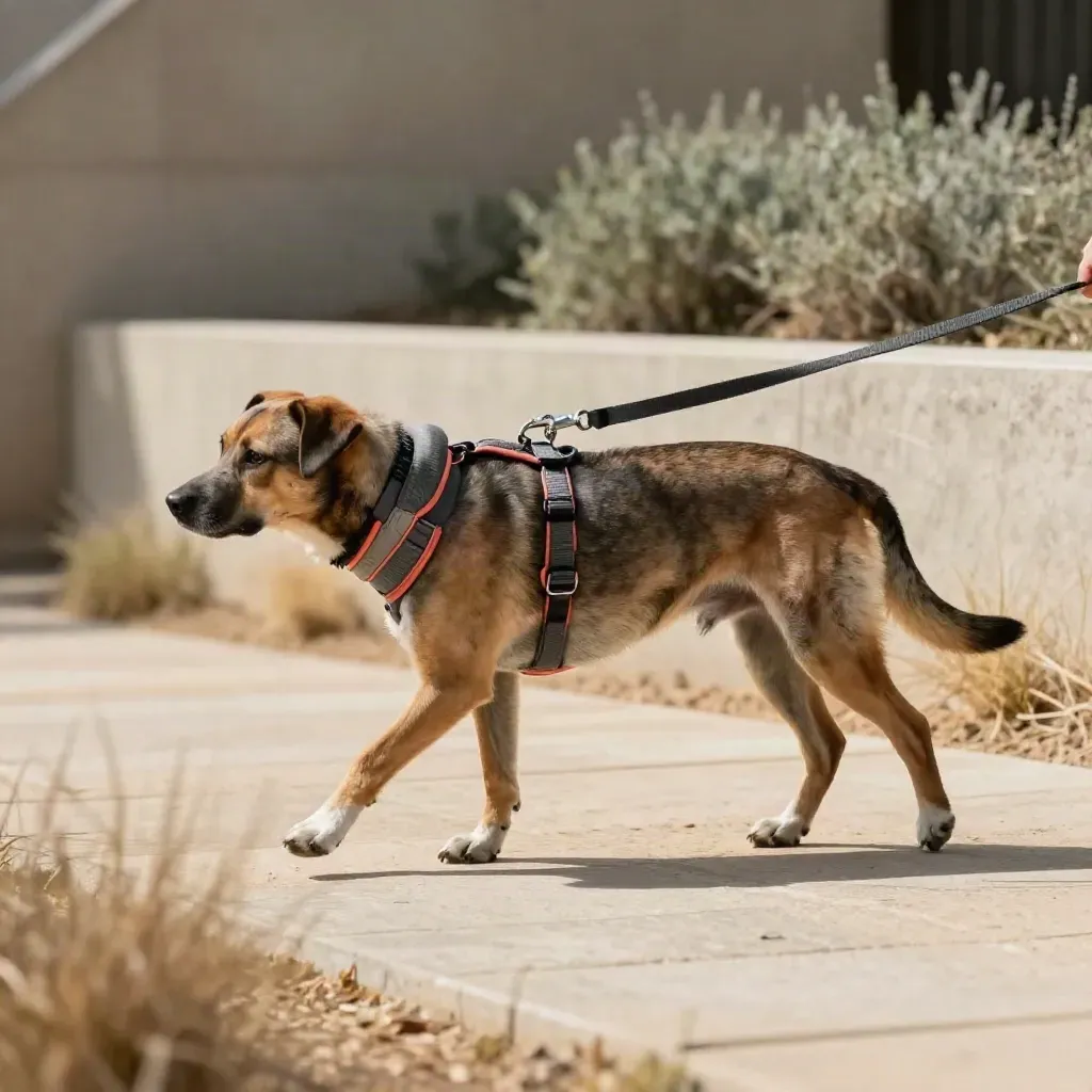 Perro mediano con arnés anti-tiro y correa relajada caminando en un paseo exterior.