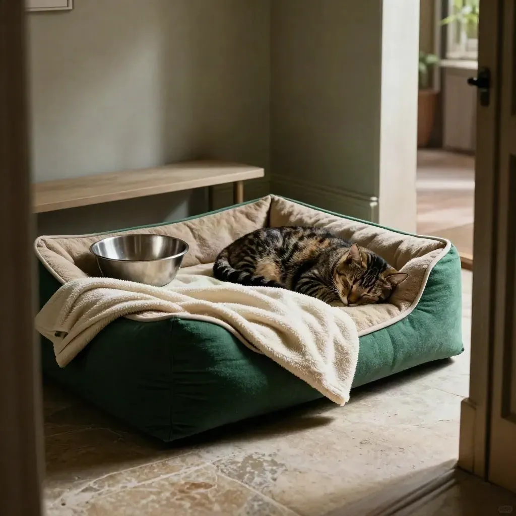 Habitación de residencia para gatos con cama lavable, cuenco de acero y un gato durmiendo.