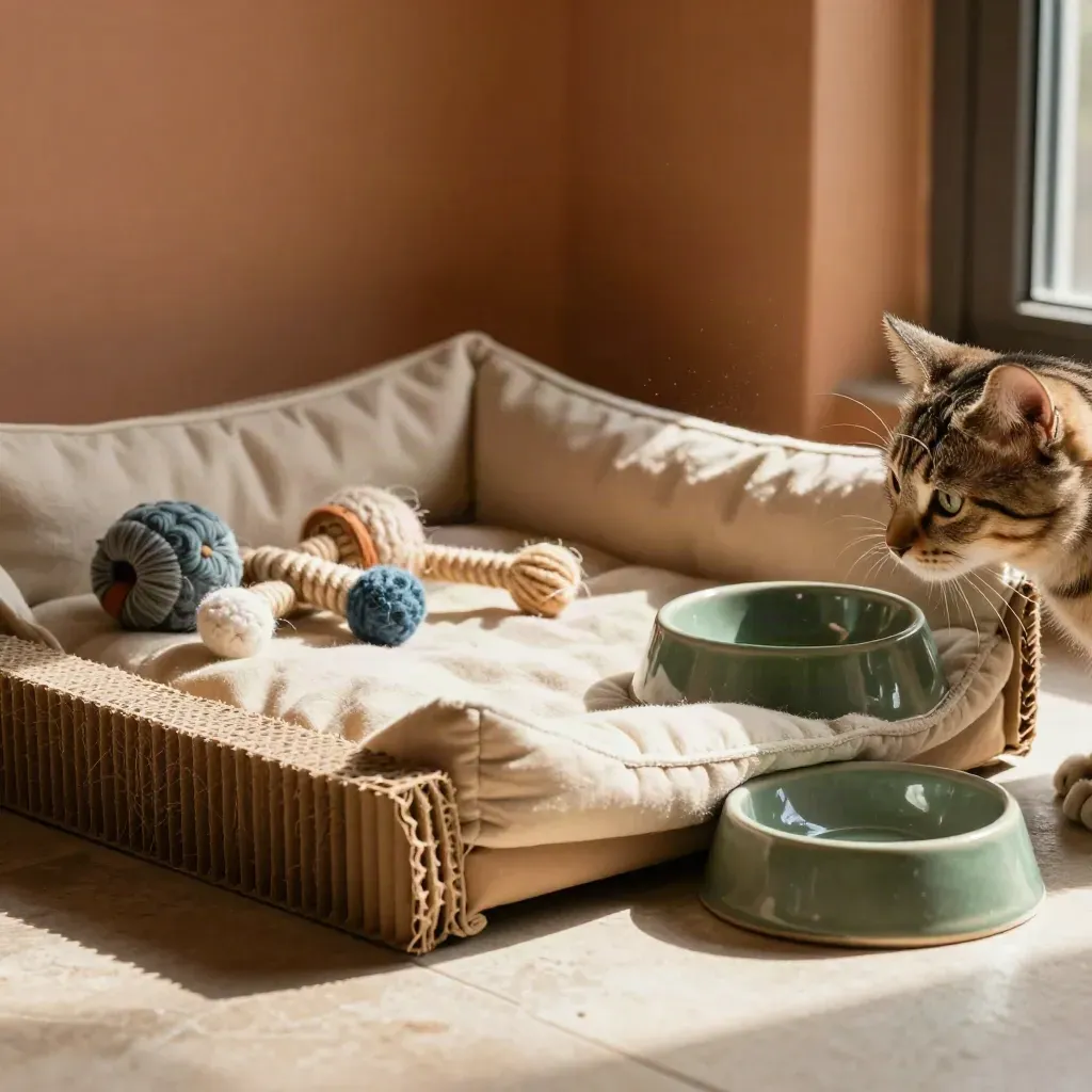 Rincón de adopción felina con cama, rascador, comedero doble y juguetes nuevos; un gatito curiosea.