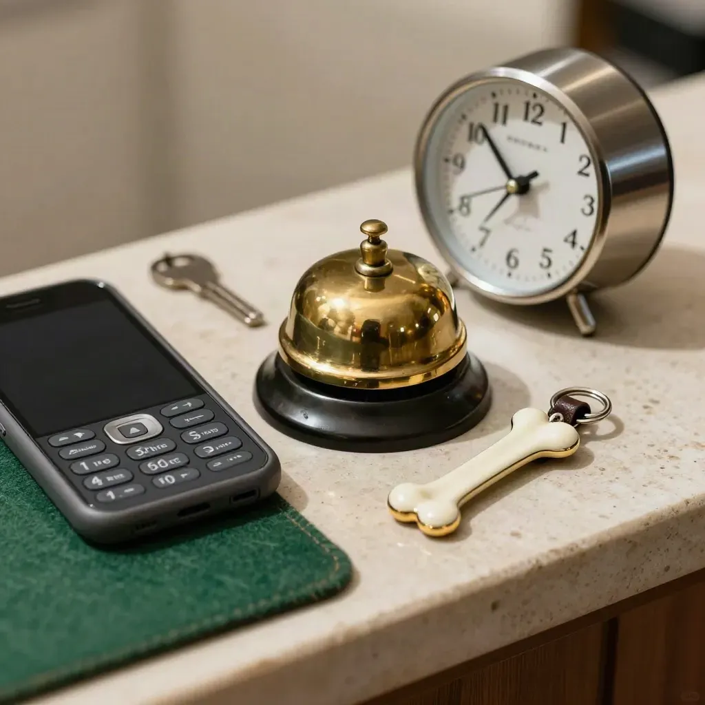 Bandeja de recepción para mascotas con móvil, campana, reloj y llavero de hueso en macro.