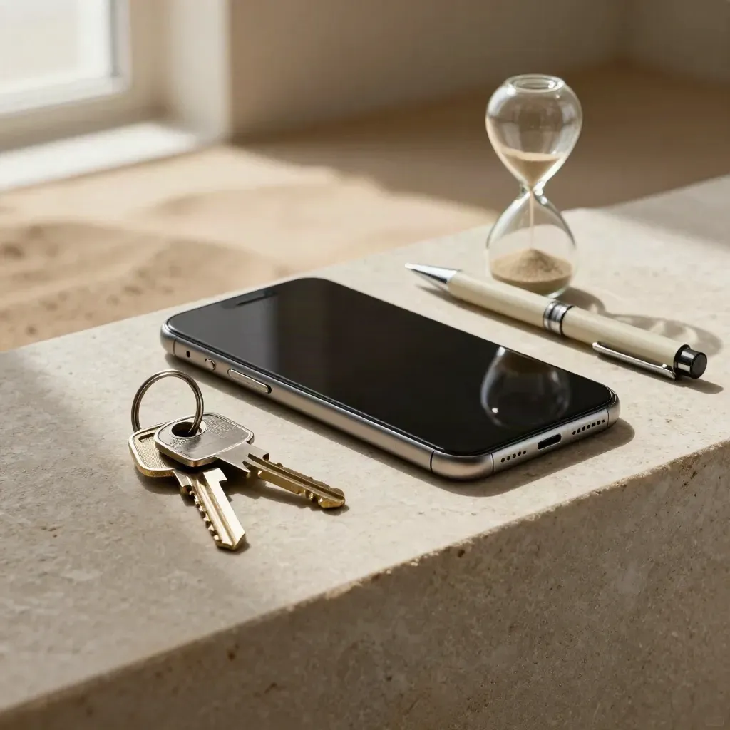 Móvil apagado con llaves, reloj de arena y bolígrafo sobre piedra clara.