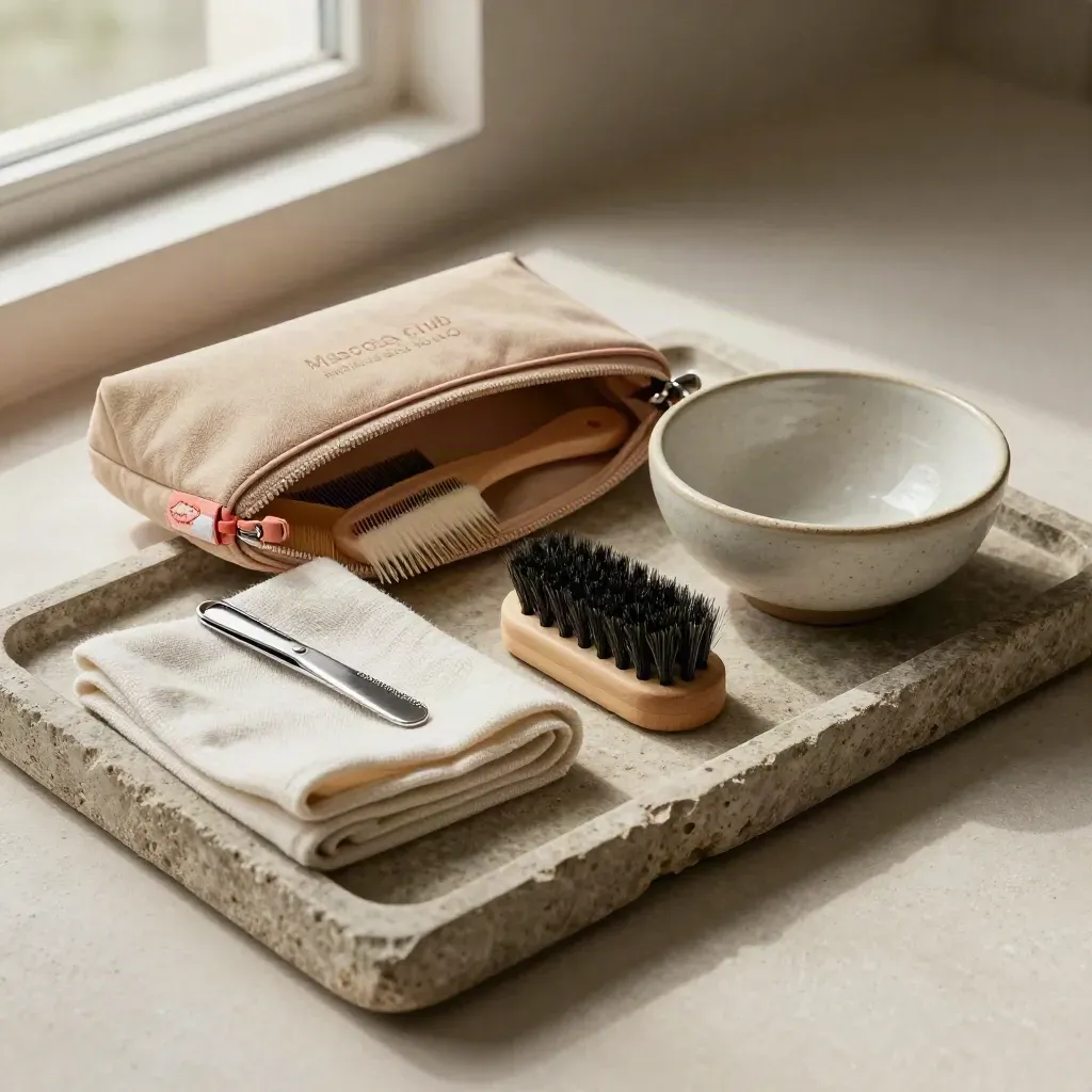Kit de peluquería para mascotas sobre bandeja de piedra, con peine, pinza, paño, cepillo y cuenco vacío.