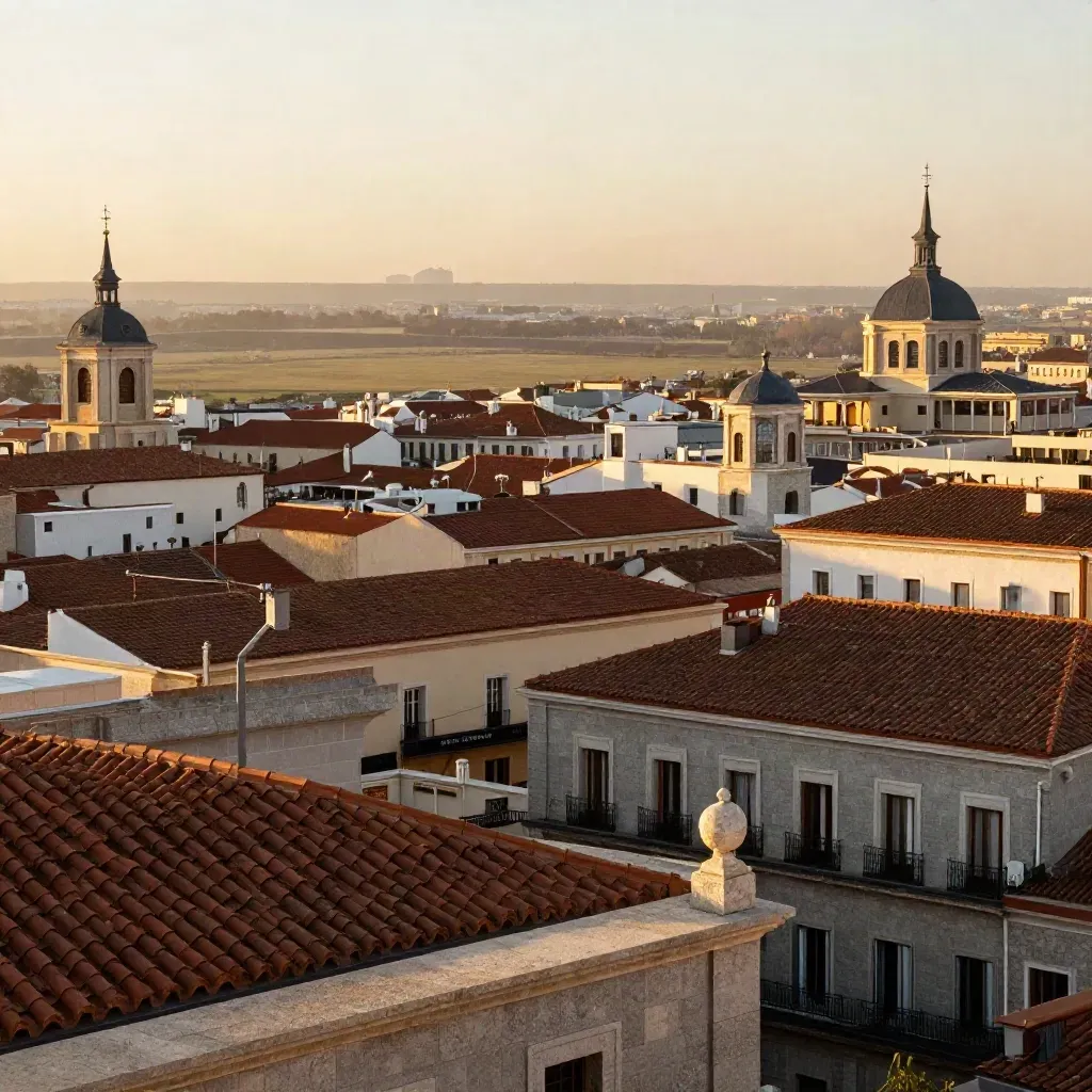Madrid al atardecer con tejados de terracota y cúpulas claras sobre una bruma cálida.