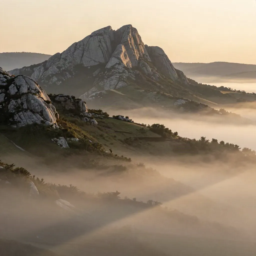 Silueta rocosa de Montserrat sobre valle cubierto de niebla dorada, paisaje amplio y sereno.