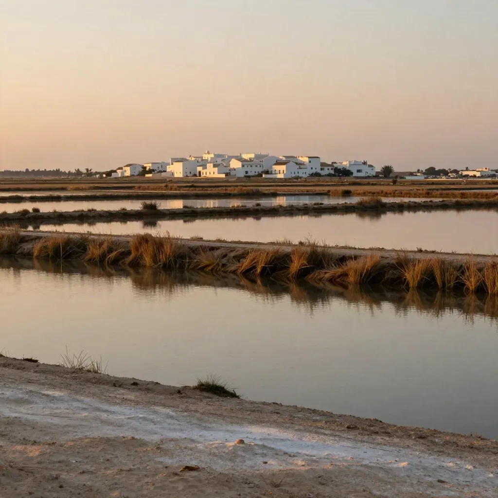 Arrozales y laguna quieta con arquitectura blanca elevada al atardecer.