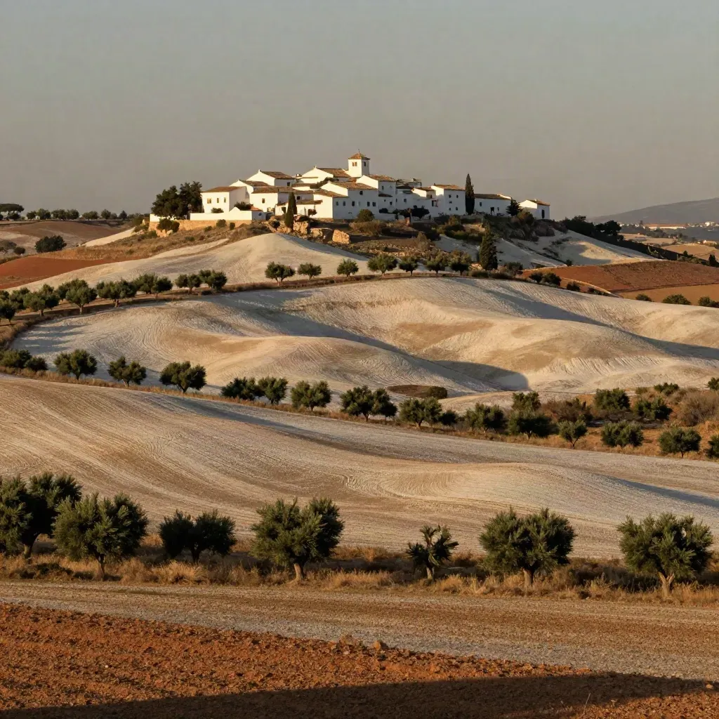 Paisaje andaluz con colinas claras, arquitectura blanca y olivos suaves en luz cálida.