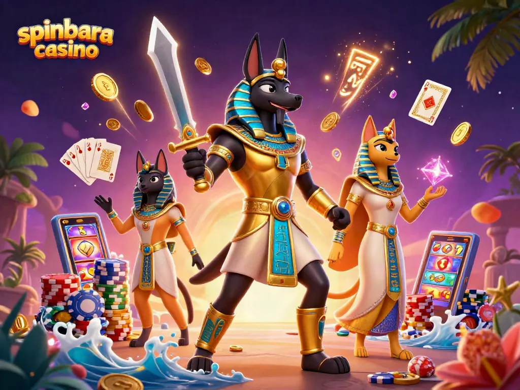 Experience excitement at spinbara casino with Anubis and Bastet surrounded by casino elements.