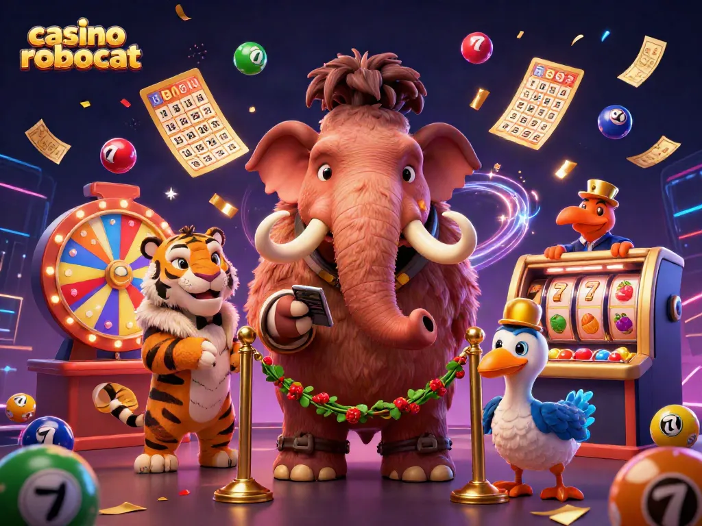 Experience the vibrant casino robocat scene with colorful elements and dynamic characters celebrating wins.