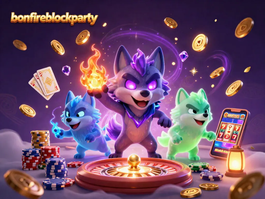 Engage in thrilling gameplay at bonfireblockparty with colorful casino elements and playful wolf characters.